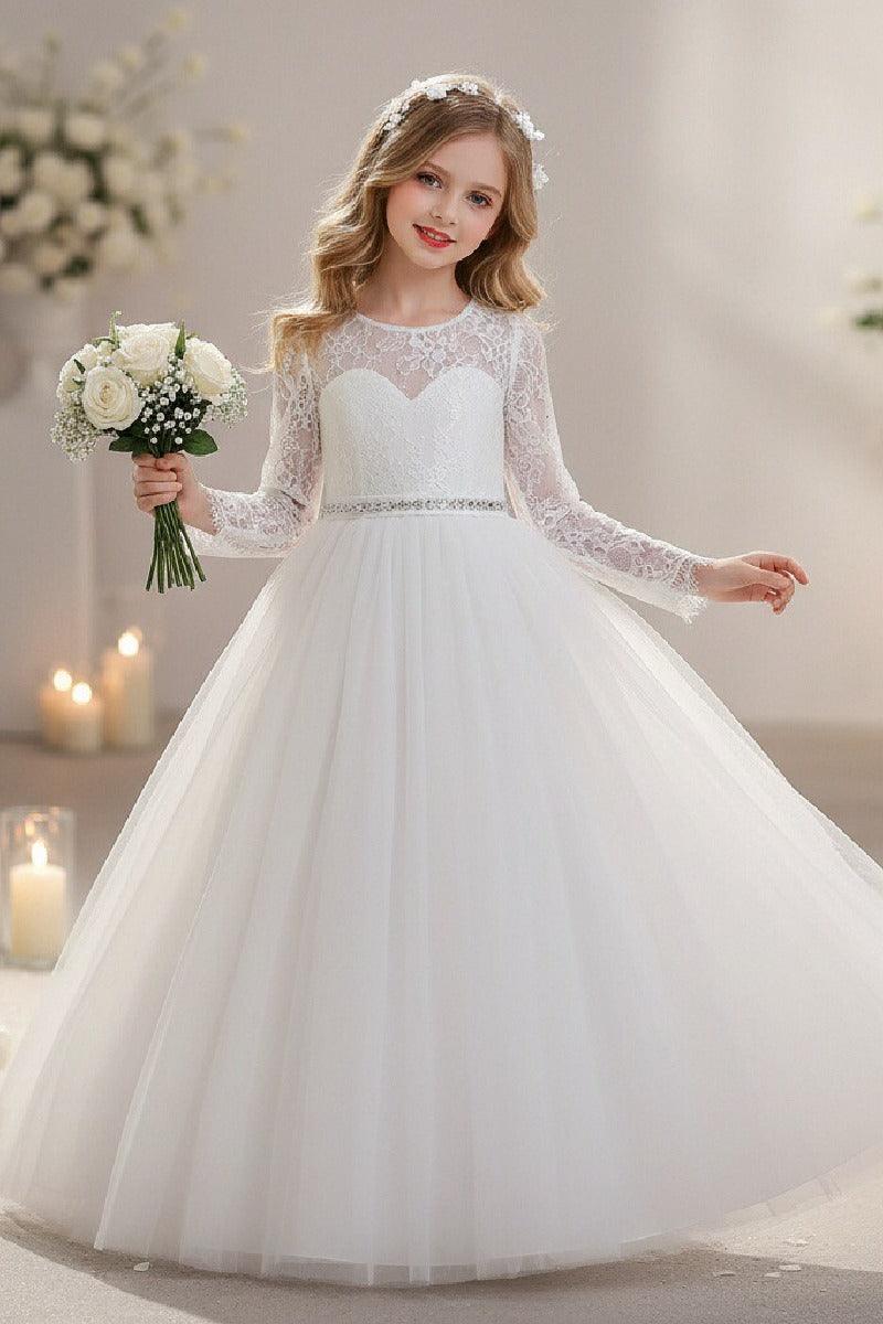 A-Line Illusion Heart Long Sleeve Tulle Floor Length Flower Girl Dresses 1060678890781 - 7 Days / White / 120cm - COCOMELODY